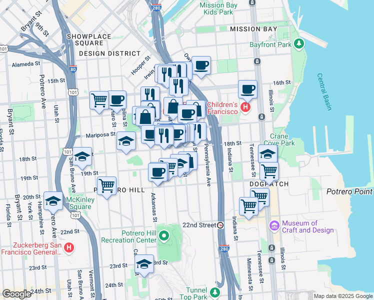 map of restaurants, bars, coffee shops, grocery stores, and more near 311 Texas Street in San Francisco
