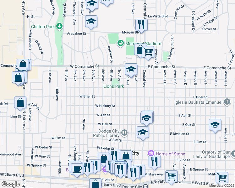 map of restaurants, bars, coffee shops, grocery stores, and more near 1503 3rd Avenue in Dodge City