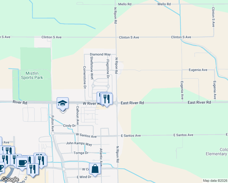 map of restaurants, bars, coffee shops, grocery stores, and more near 1725 North Ripon Road in Ripon