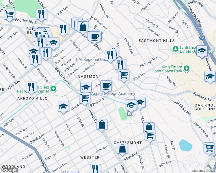 map of restaurants, bars, coffee shops, grocery stores, and more near 8039 Iris Street in Oakland