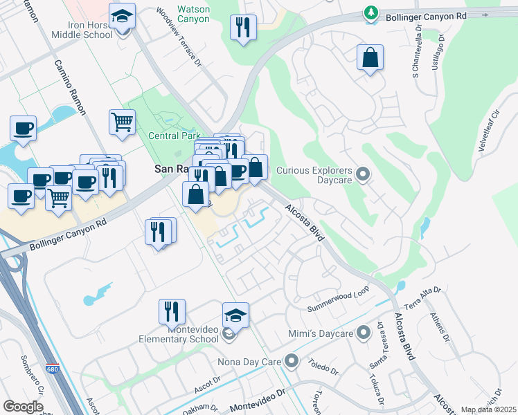 map of restaurants, bars, coffee shops, grocery stores, and more near 135 Reflections Drive in San Ramon