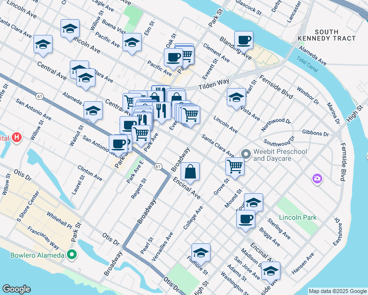 map of restaurants, bars, coffee shops, grocery stores, and more near 1377 Broadway in Alameda