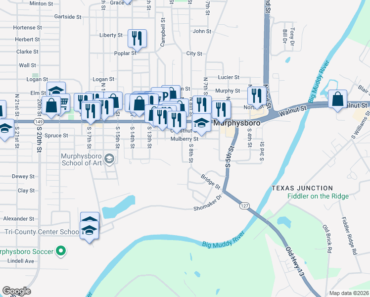 map of restaurants, bars, coffee shops, grocery stores, and more near 201-299 South 9th Street in Murphysboro