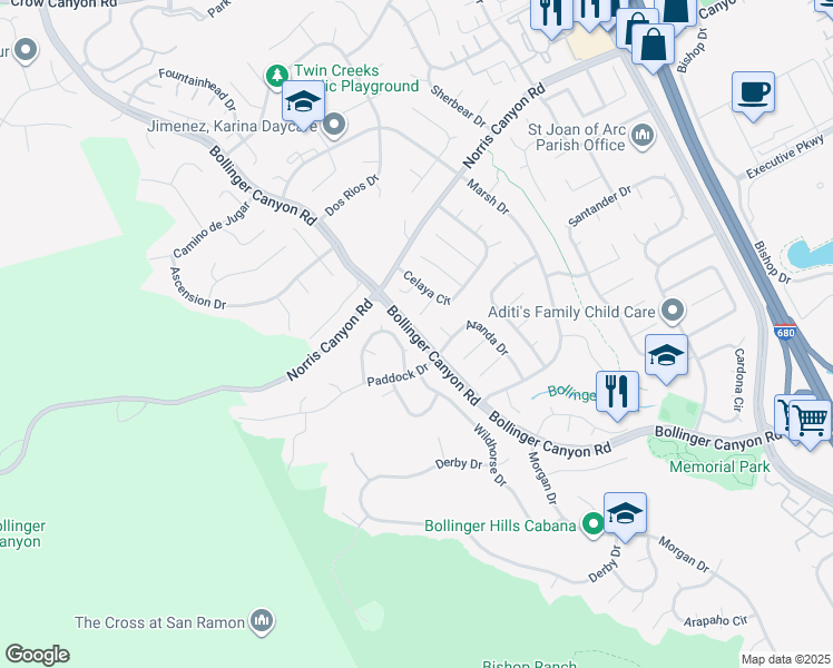 map of restaurants, bars, coffee shops, grocery stores, and more near in San Ramon