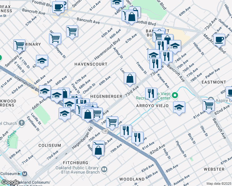 map of restaurants, bars, coffee shops, grocery stores, and more near 7203 Holly Street in Oakland