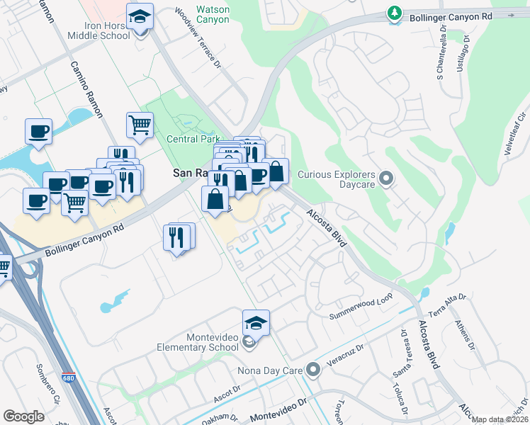 map of restaurants, bars, coffee shops, grocery stores, and more near 120 Reflections Drive in San Ramon