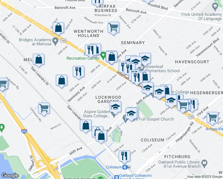 map of restaurants, bars, coffee shops, grocery stores, and more near 1304 62nd Avenue in Oakland