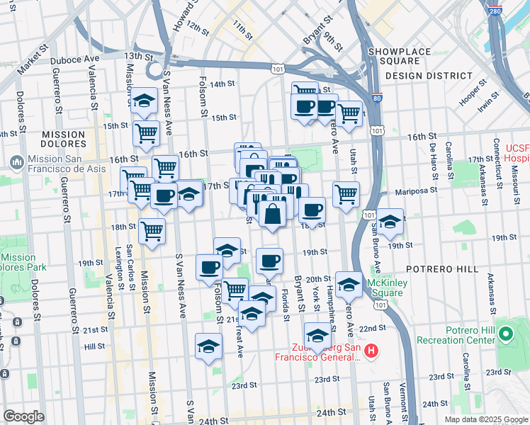 map of restaurants, bars, coffee shops, grocery stores, and more near 515 Alabama Street in San Francisco
