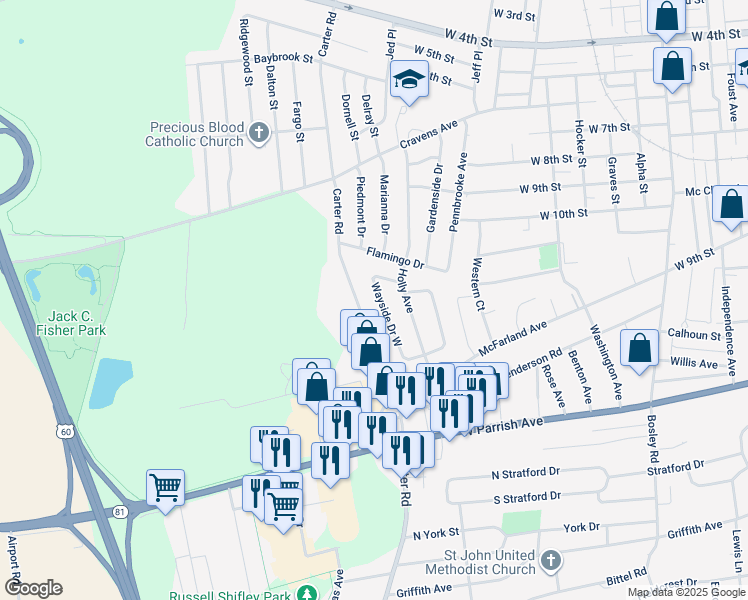 map of restaurants, bars, coffee shops, grocery stores, and more near 1160 Wayside Drive West in Owensboro