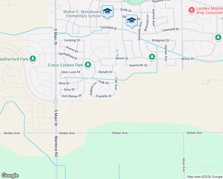 map of restaurants, bars, coffee shops, grocery stores, and more near 2656 Coolidge Place in Manteca