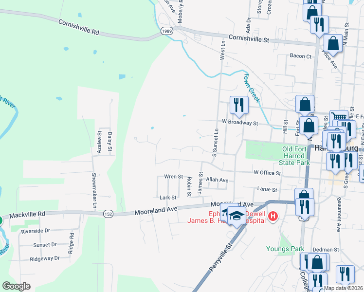 map of restaurants, bars, coffee shops, grocery stores, and more near 633 Belmont Street in Harrodsburg