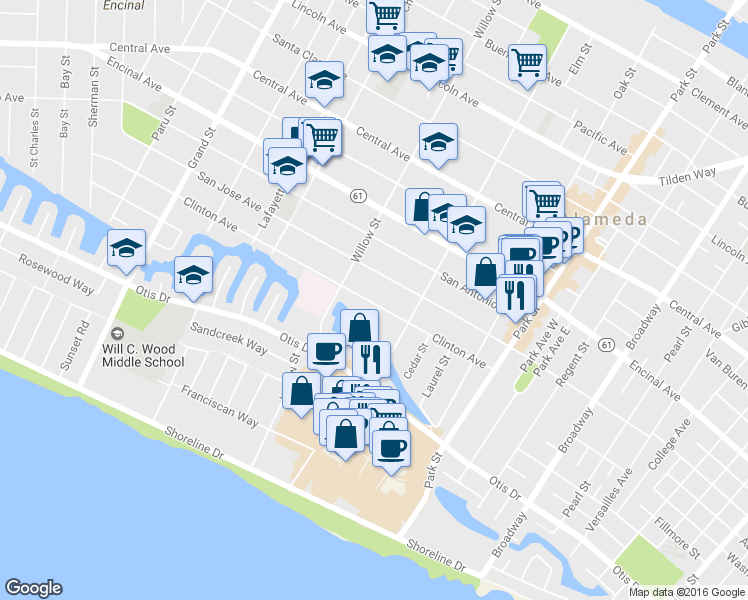 map of restaurants, bars, coffee shops, grocery stores, and more near 2133 Clinton Avenue in Alameda