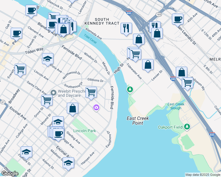 map of restaurants, bars, coffee shops, grocery stores, and more near 3222 Fernside Boulevard in Alameda
