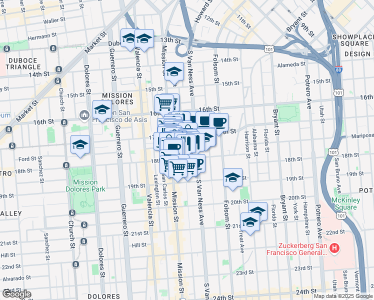 map of restaurants, bars, coffee shops, grocery stores, and more near 255 Capp Street in San Francisco