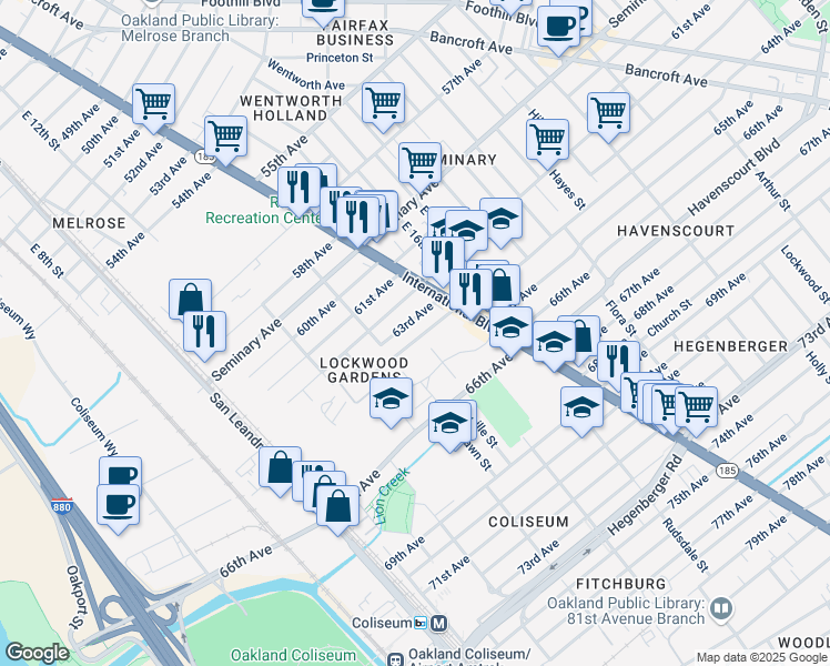 map of restaurants, bars, coffee shops, grocery stores, and more near 1345 64th Avenue in Oakland