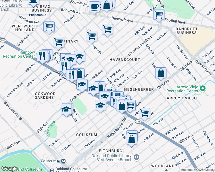 map of restaurants, bars, coffee shops, grocery stores, and more near 1526 67th Avenue in Oakland
