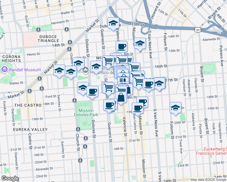 map of restaurants, bars, coffee shops, grocery stores, and more near 16 Bird Street in San Francisco