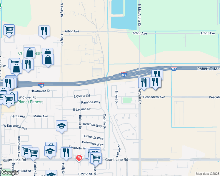 map of restaurants, bars, coffee shops, grocery stores, and more near 3547 Mary Jean Lane in Tracy