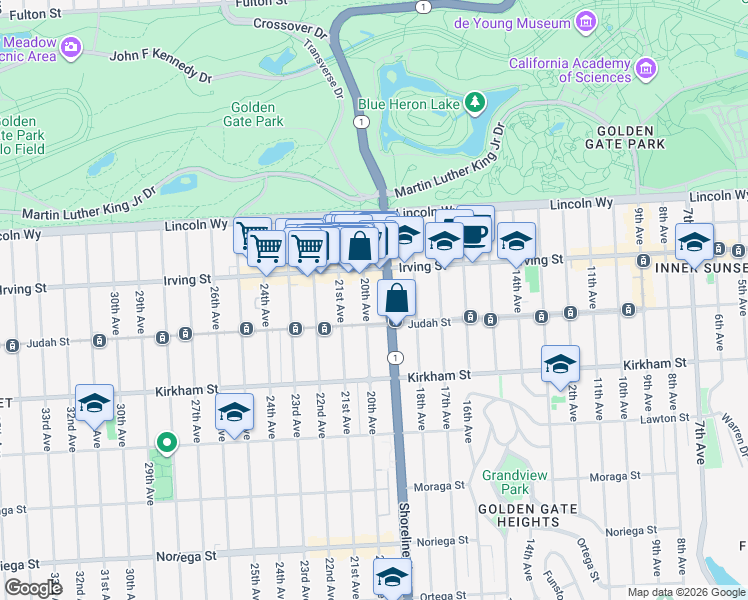 map of restaurants, bars, coffee shops, grocery stores, and more near 1354 20th Avenue in San Francisco