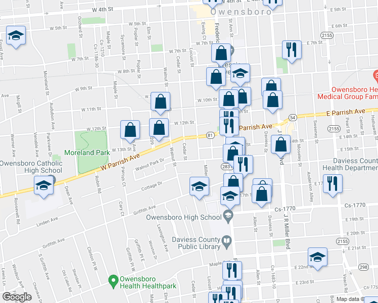 map of restaurants, bars, coffee shops, grocery stores, and more near 1405 Cedar St in Owensboro