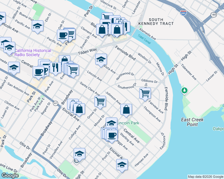map of restaurants, bars, coffee shops, grocery stores, and more near 2842 Lincoln Avenue in Alameda