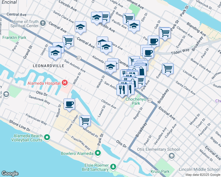 map of restaurants, bars, coffee shops, grocery stores, and more near 2250 San Antonio Avenue in Alameda