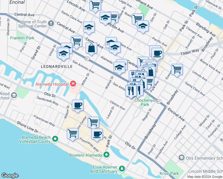 map of restaurants, bars, coffee shops, grocery stores, and more near 2217 San Jose Avenue in Alameda