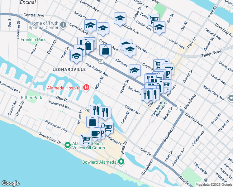 map of restaurants, bars, coffee shops, grocery stores, and more near 2164 San Jose Avenue in Alameda