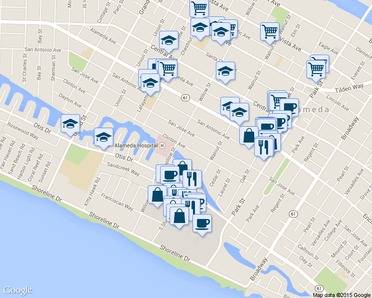 map of restaurants, bars, coffee shops, grocery stores, and more near 2133a Clinton Avenue in Alameda