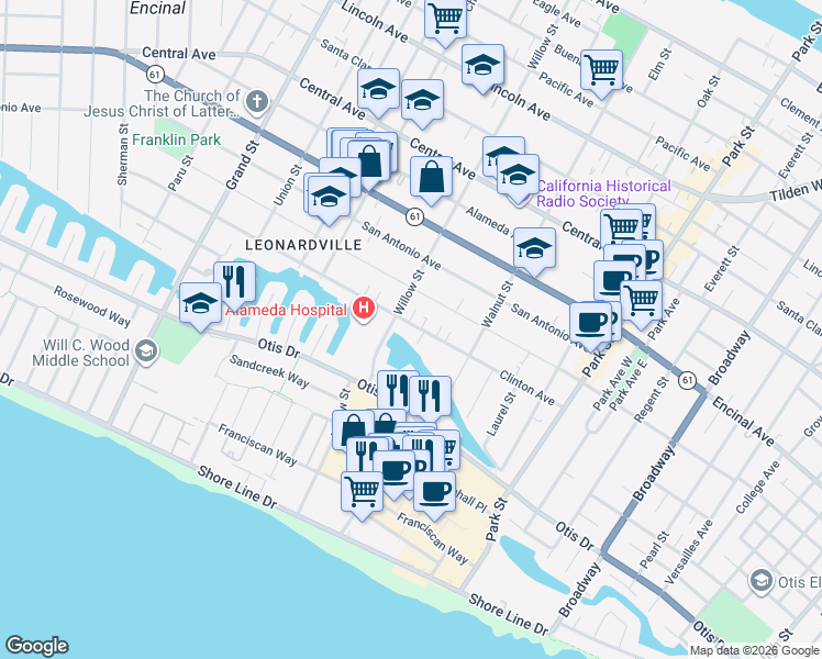 map of restaurants, bars, coffee shops, grocery stores, and more near 888 Willow Street in Alameda