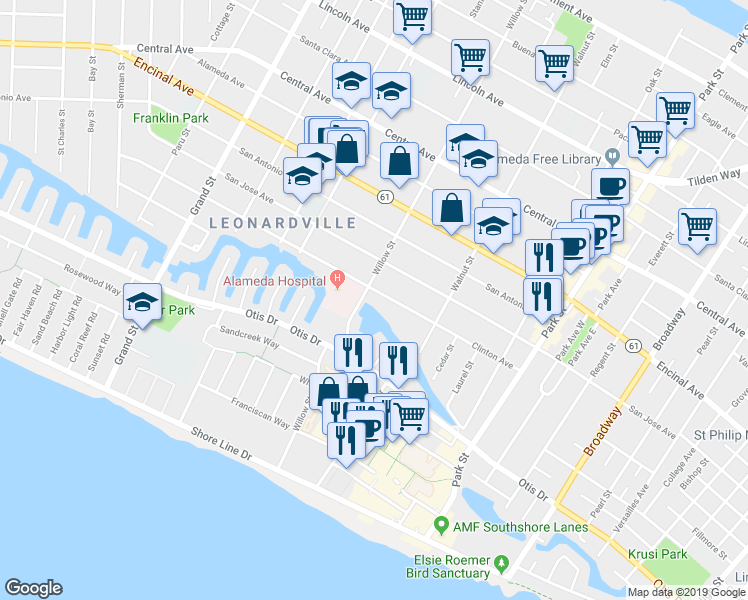 map of restaurants, bars, coffee shops, grocery stores, and more near 888 Willow Street in Alameda