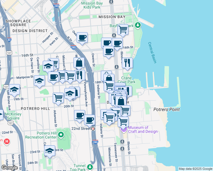 map of restaurants, bars, coffee shops, grocery stores, and more near 602 Minnesota Street in San Francisco