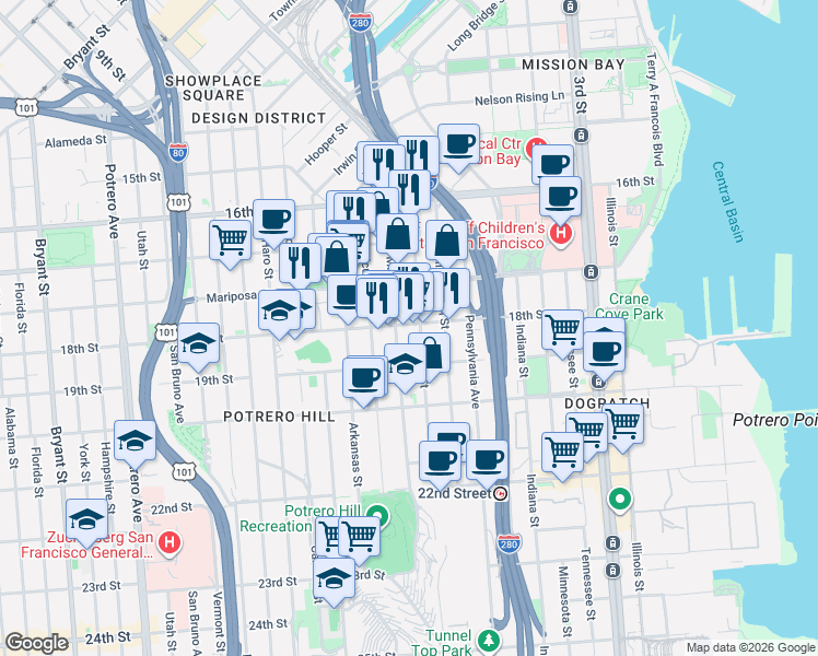 map of restaurants, bars, coffee shops, grocery stores, and more near 301 Texas Street in San Francisco