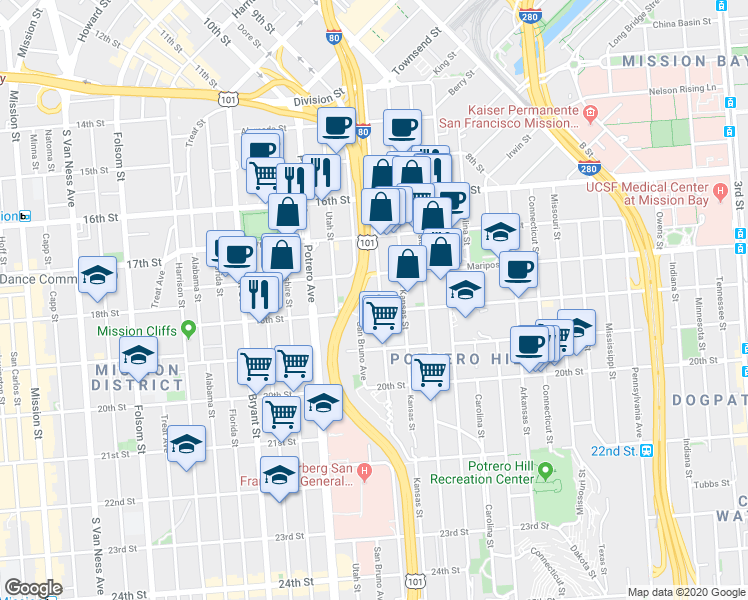 map of restaurants, bars, coffee shops, grocery stores, and more near 574 Vermont Street in San Francisco