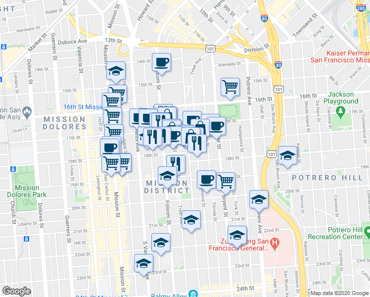 map of restaurants, bars, coffee shops, grocery stores, and more near 3118 18th Street in San Francisco