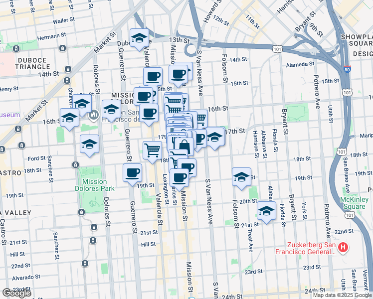 map of restaurants, bars, coffee shops, grocery stores, and more near 238 Capp Street in San Francisco