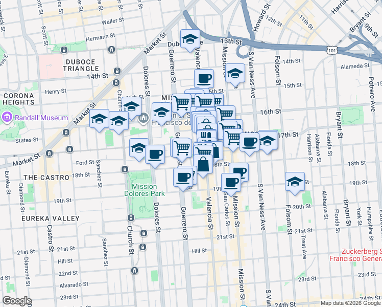map of restaurants, bars, coffee shops, grocery stores, and more near 16 Bird Street in San Francisco