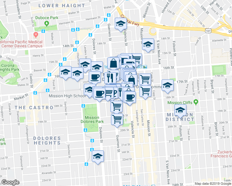 map of restaurants, bars, coffee shops, grocery stores, and more near 10 Dorland Street in San Francisco