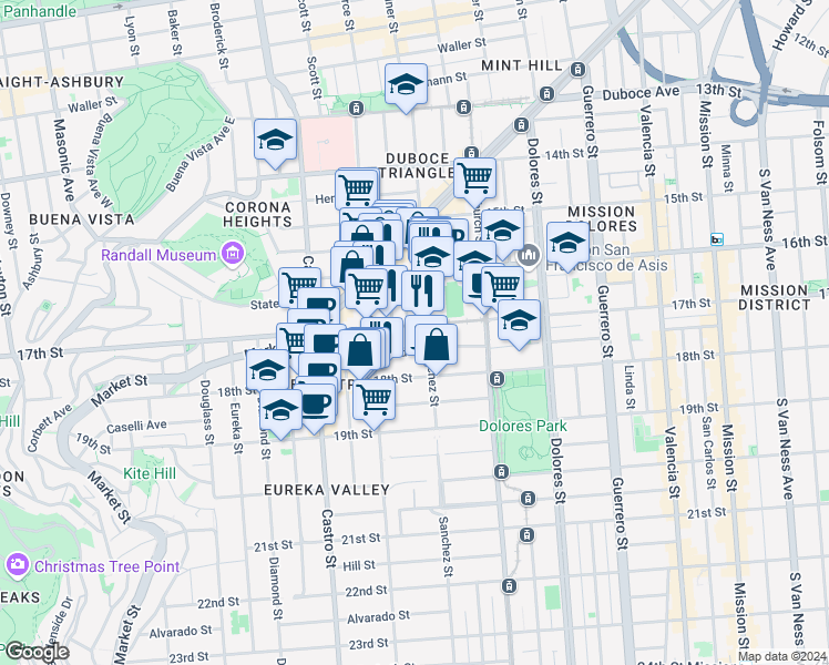 map of restaurants, bars, coffee shops, grocery stores, and more near 3835a 17th Street in San Francisco