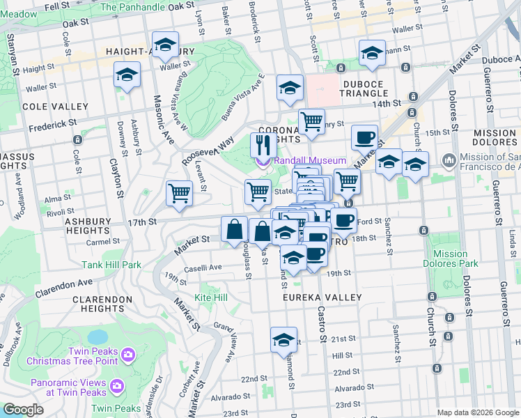 map of restaurants, bars, coffee shops, grocery stores, and more near 4170 17th Street in San Francisco