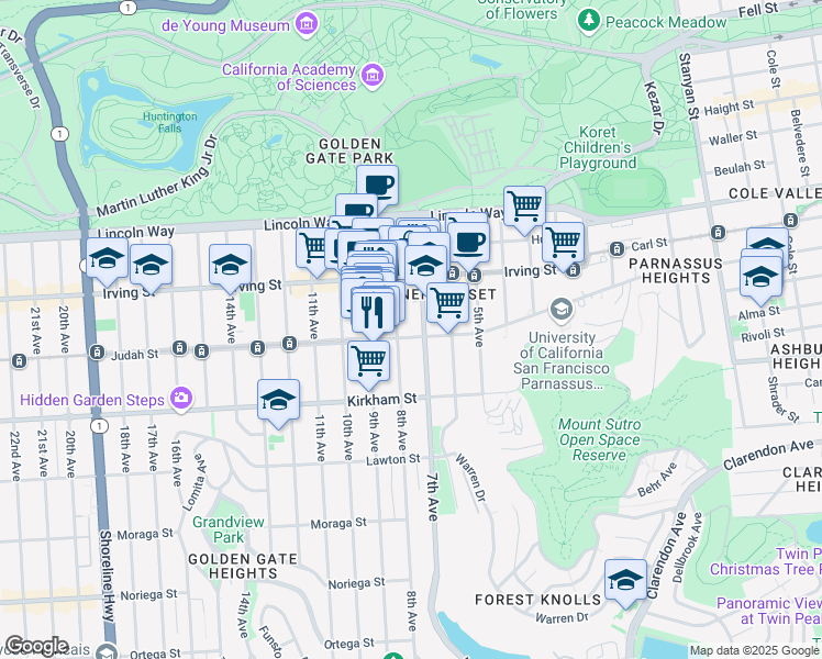 map of restaurants, bars, coffee shops, grocery stores, and more near 1353 7th Avenue in San Francisco