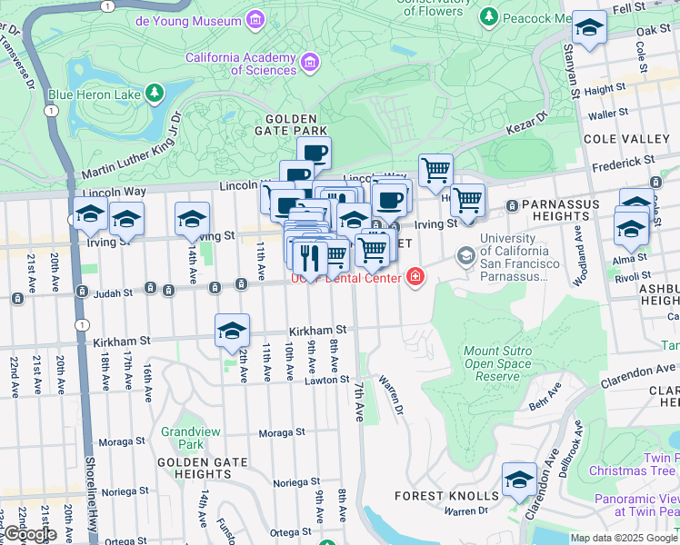 map of restaurants, bars, coffee shops, grocery stores, and more near 1353 7th Avenue in San Francisco