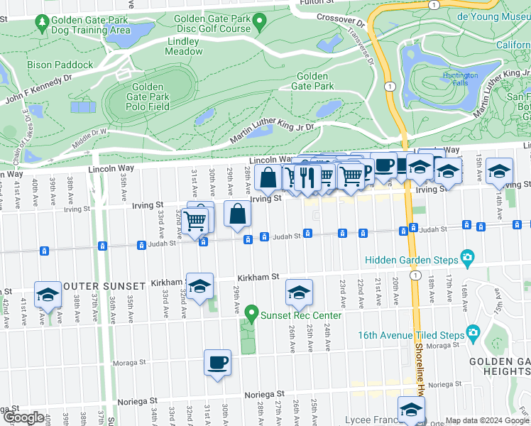 map of restaurants, bars, coffee shops, grocery stores, and more near 1334 27th Avenue in San Francisco