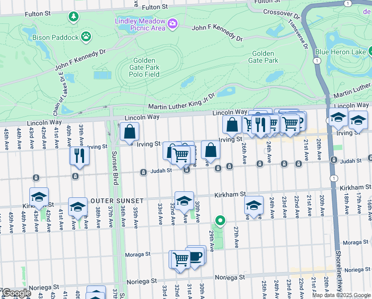 map of restaurants, bars, coffee shops, grocery stores, and more near 1325 31st Avenue in San Francisco