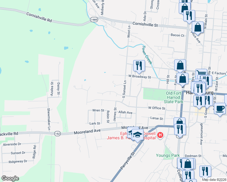 map of restaurants, bars, coffee shops, grocery stores, and more near 633 Belmont Street in Harrodsburg