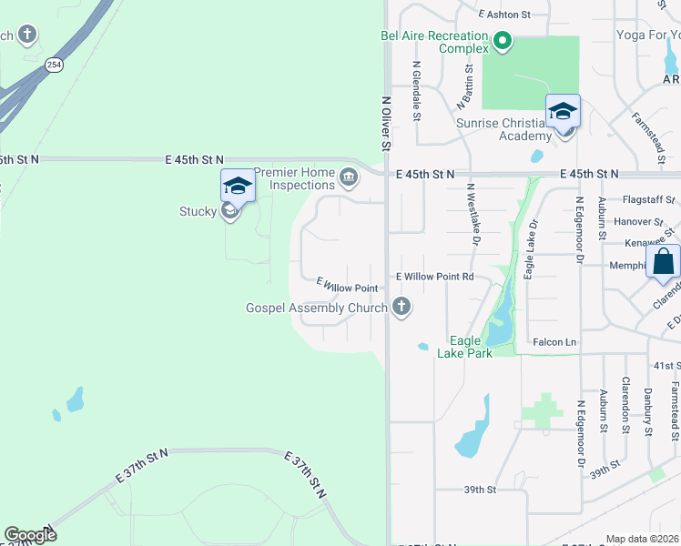 map of restaurants, bars, coffee shops, grocery stores, and more near 4601-4643 East Willow Point Court in Wichita