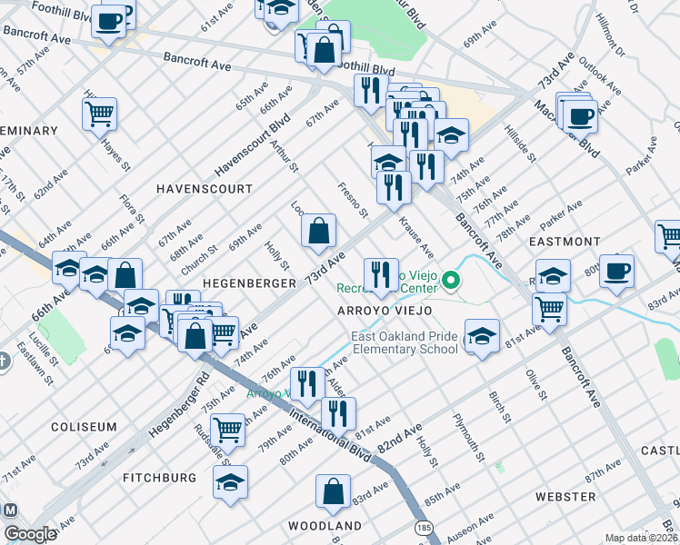 map of restaurants, bars, coffee shops, grocery stores, and more near 7333 Lockwood Street in Oakland