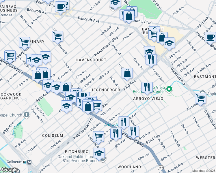 map of restaurants, bars, coffee shops, grocery stores, and more near 7108 Favor Street in Oakland