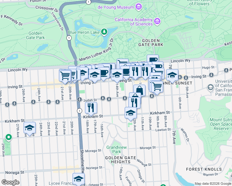 map of restaurants, bars, coffee shops, grocery stores, and more near 1369 14th Avenue in San Francisco