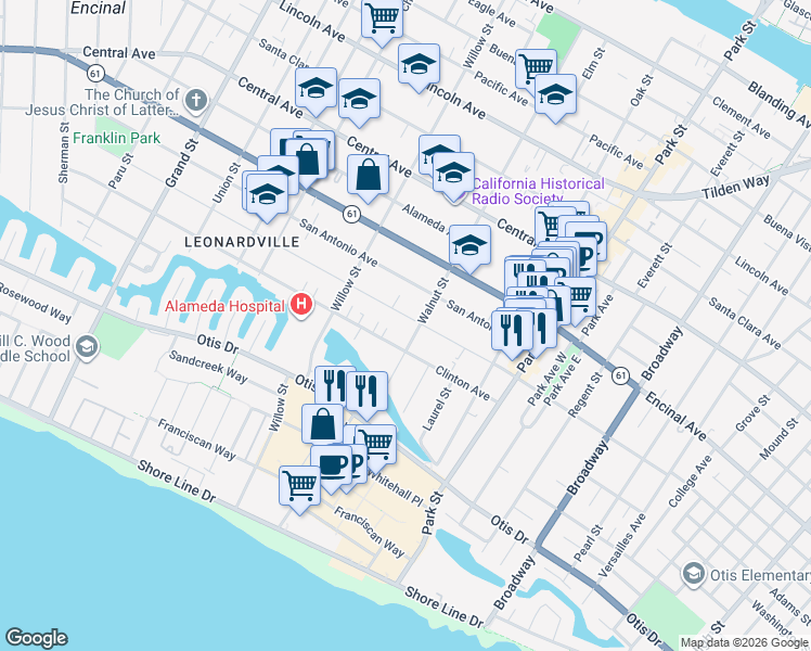 map of restaurants, bars, coffee shops, grocery stores, and more near 2164 San Jose Avenue in Alameda